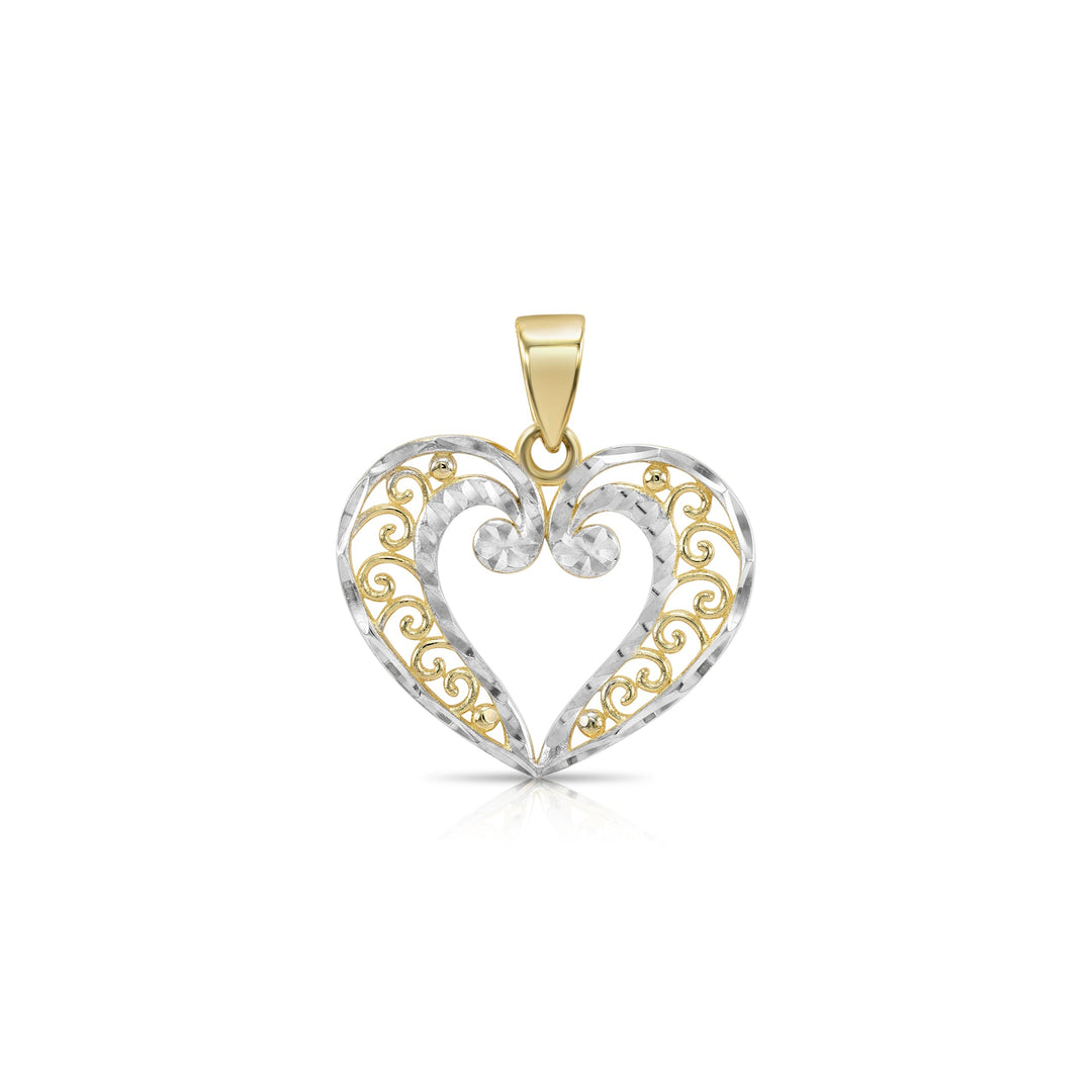 14K Two-Tone Gold Filigree Heart Pendant