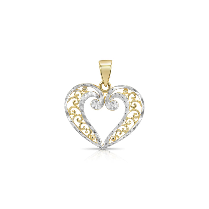 14K Two-Tone Gold Filigree Heart Pendant