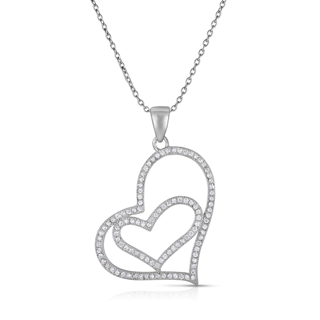 925 Sterling Silver Cubic Zirconia Double Open Heart Pendant Necklace