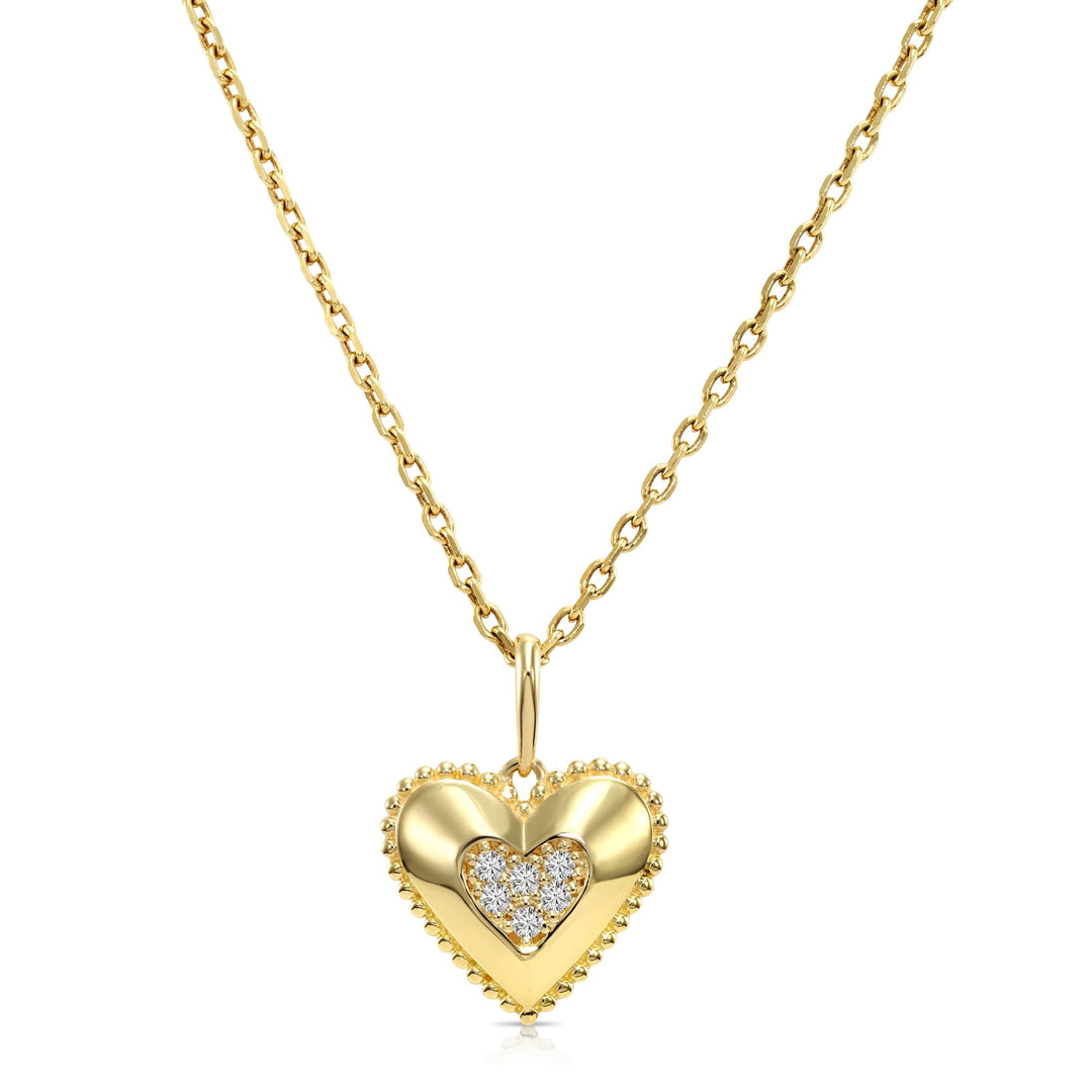 14K Gold Milgrain Heart Pendant with Center Cluster of Lab Diamonds