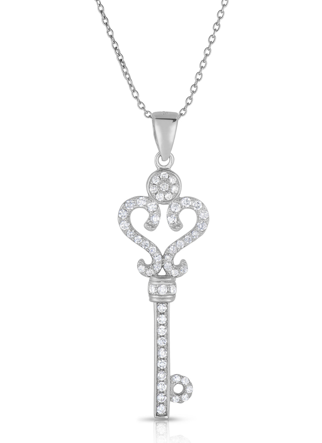 925 Sterling Silver Double Heart Top Cubic Zirconia Key Pendant Necklace