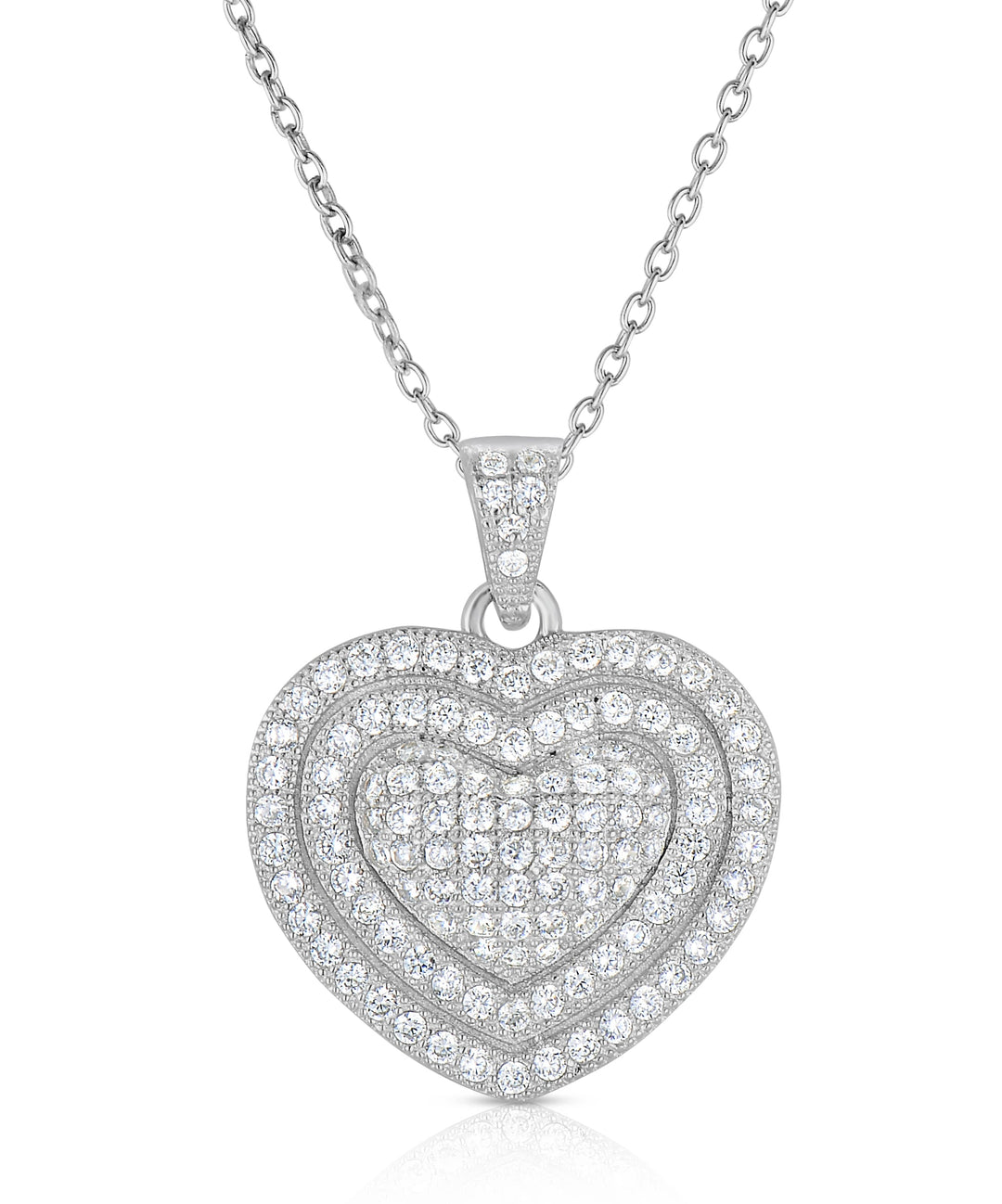 925 Sterling Silver Cubic Zirconia Double Halo Heart Pendant Necklace