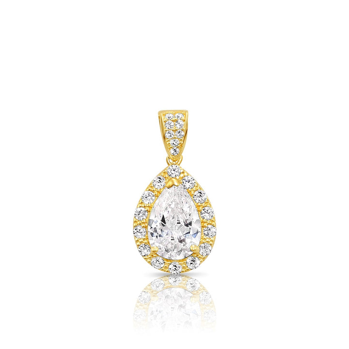 14K Yellow Gold Halo Cubic Zirconia Pear Pendant