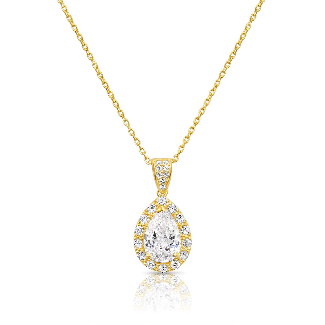 14K Yellow Gold Halo Cubic Zirconia Pear Pendant