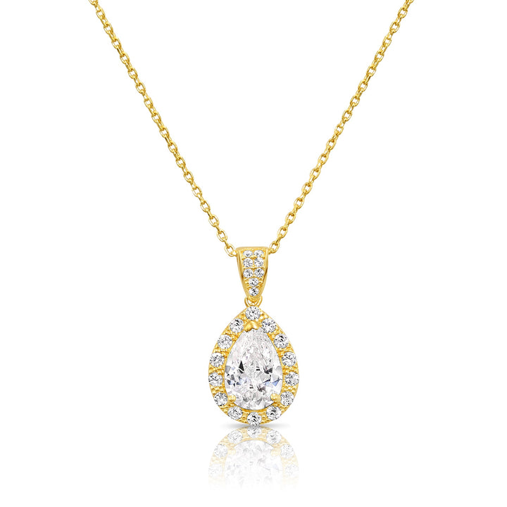 14K Yellow Gold Halo Cubic Zirconia Pear Pendant