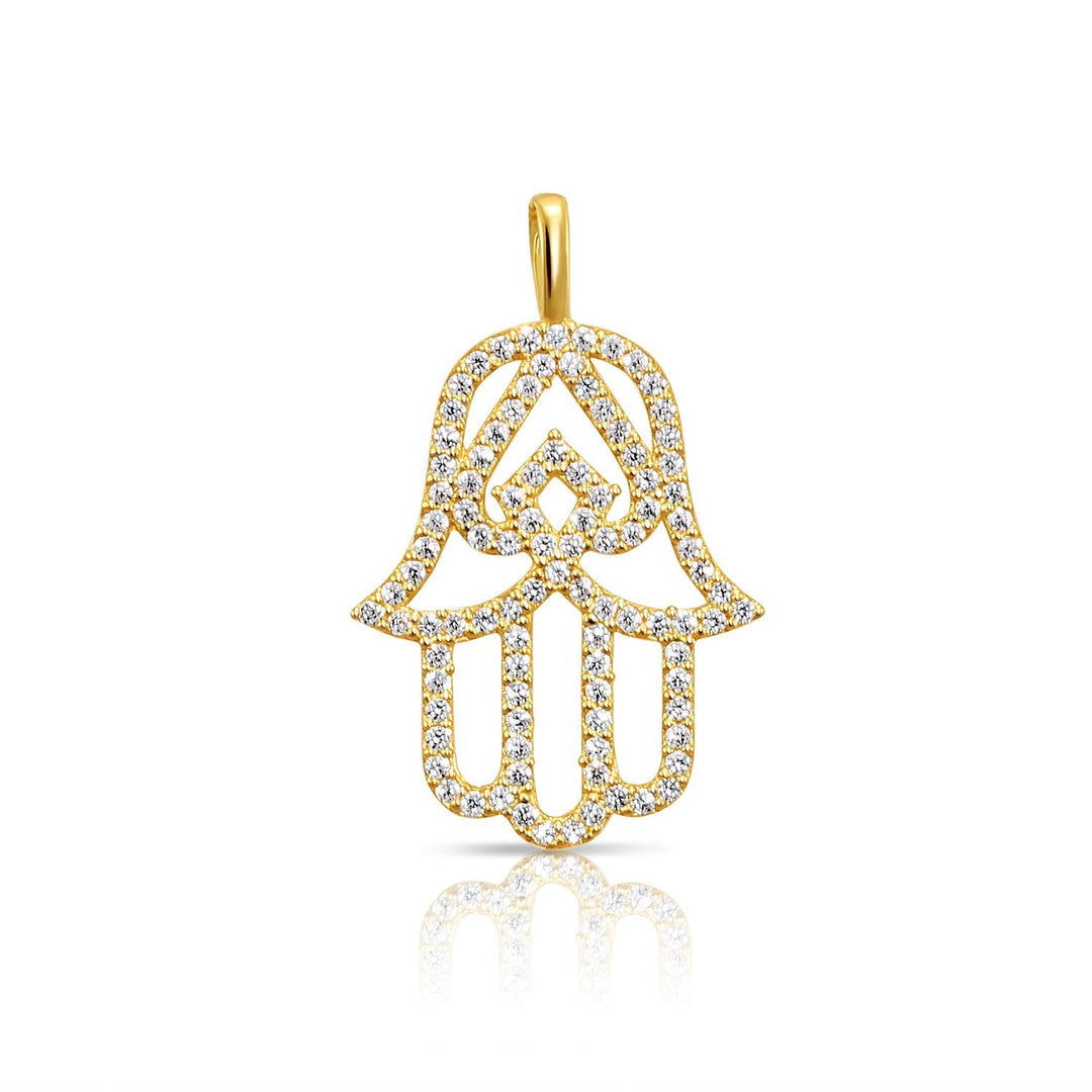 14K Solid Yellow Gold Cubic Zirconia Hamsa Pendant