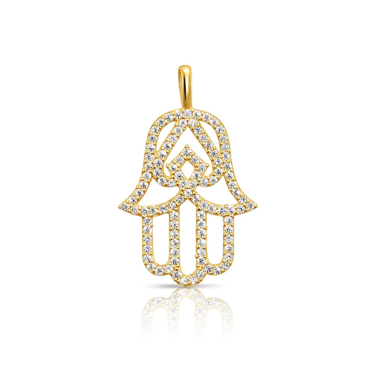 14K Solid Yellow Gold Cubic Zirconia Hamsa Pendant