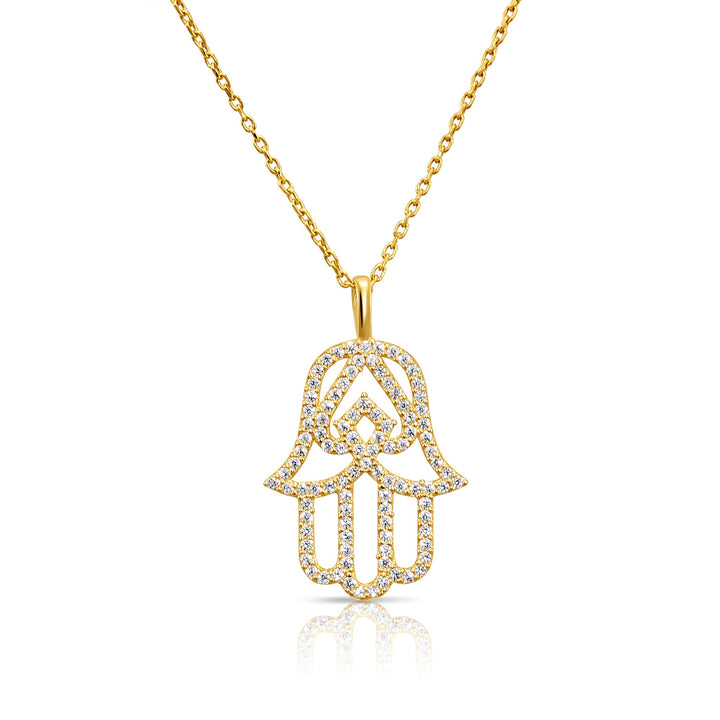 14K Solid Yellow Gold Cubic Zirconia Hamsa Pendant