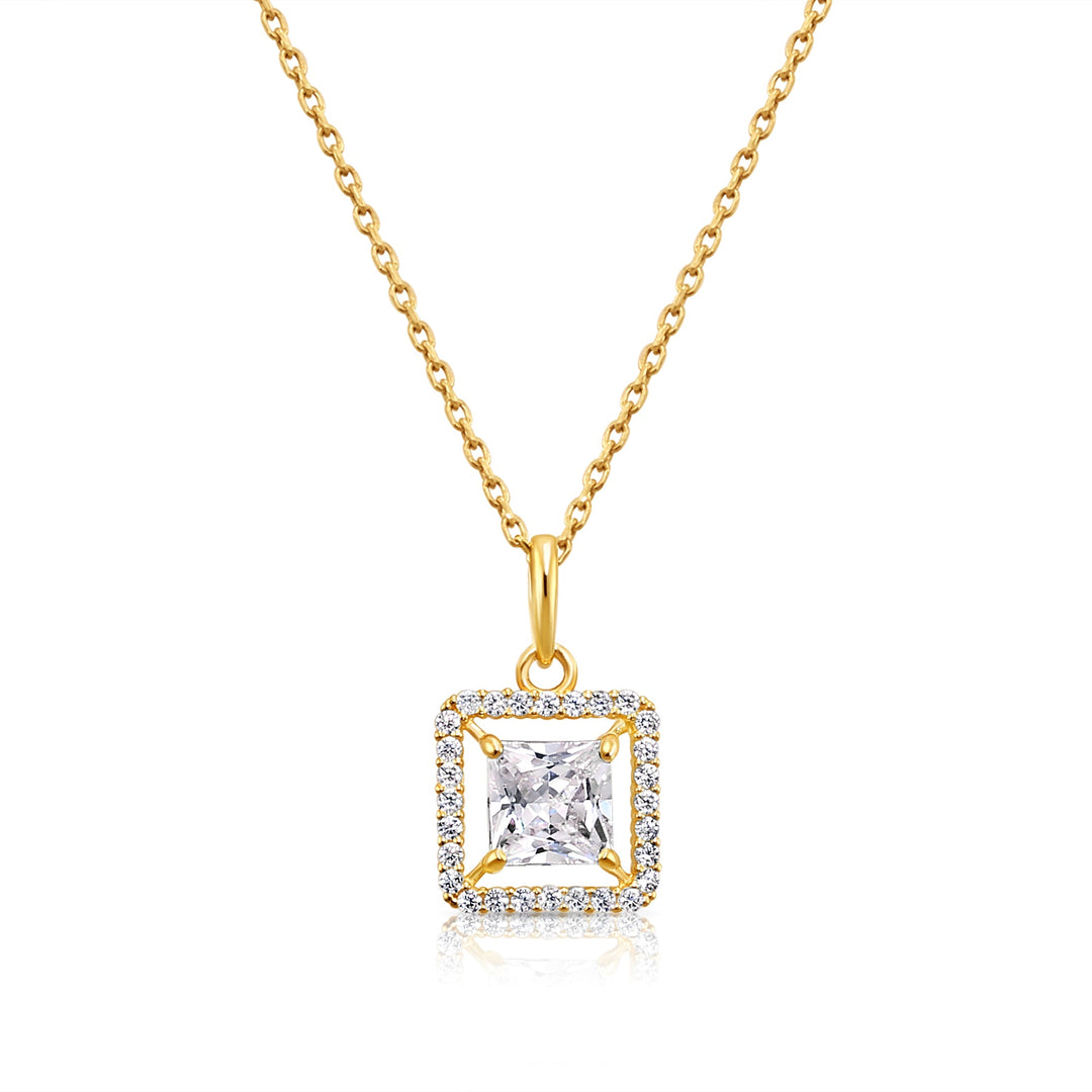 14K Yellow Gold Princess-Cut Halo Cubic Zirconia Pendant
