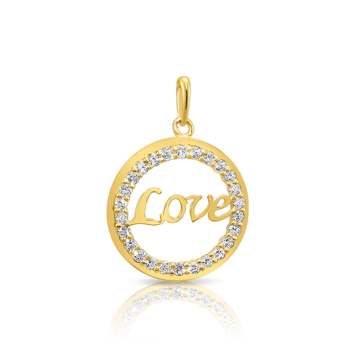 14K Solid Yellow Gold Love Script Cubic Zirconia Halo Pendant