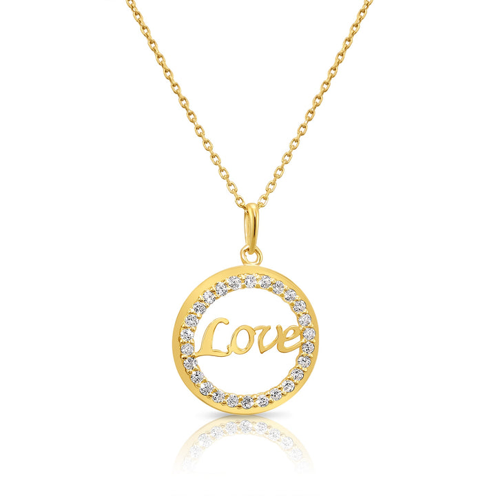 14K Solid Yellow Gold Love Script Cubic Zirconia Halo Pendant