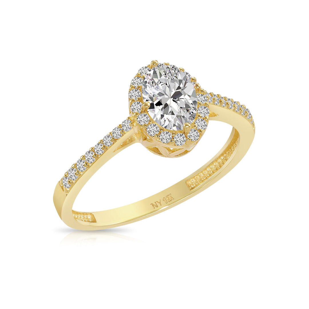 14K Yellow Gold Halo Oval Cut Cubic Zirconia Engagement Ring