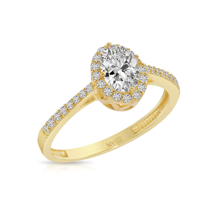 14K Yellow Gold Halo Oval Cut Cubic Zirconia Engagement Ring