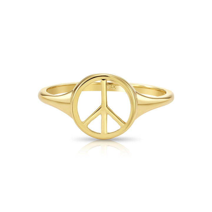 14k Solid Gold Round Peace Sign Stackable Ring