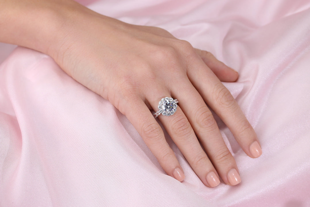 Sterling Silver Cubic Zirconia Flower Halo Engagement Ring