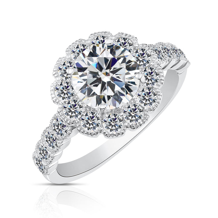 Sterling Silver Cubic Zirconia Flower Halo Engagement Ring