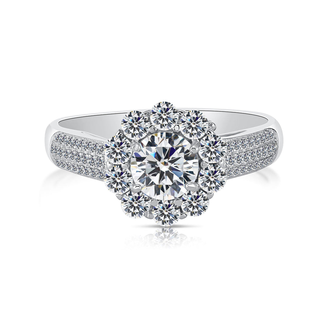Sterling Silver Cubic Zirconia Flower Halo Engagement Ring