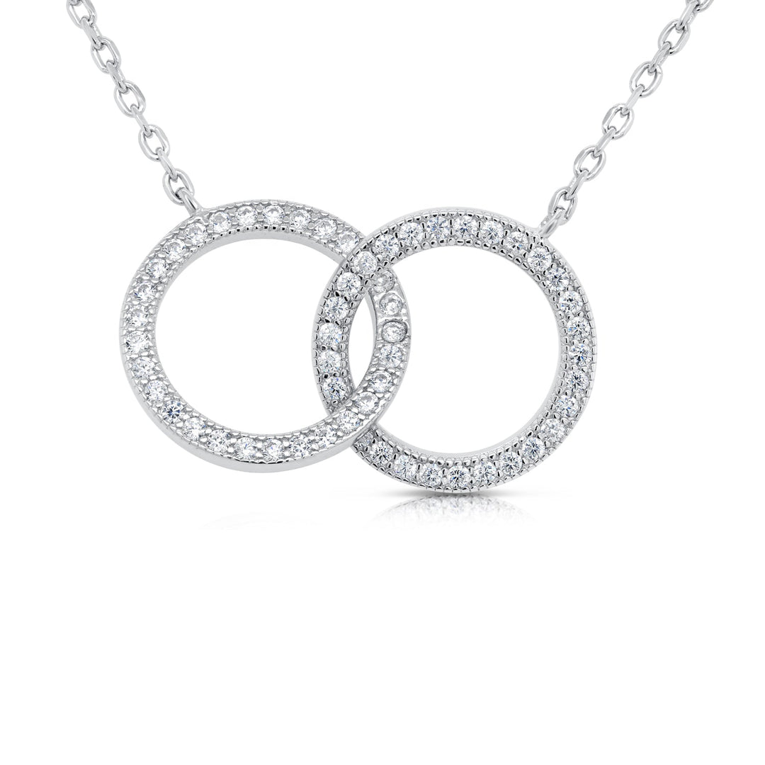 925 Sterling Silver Halo Cubic Zirconia Pendant Necklace, Interlocking Double Circle