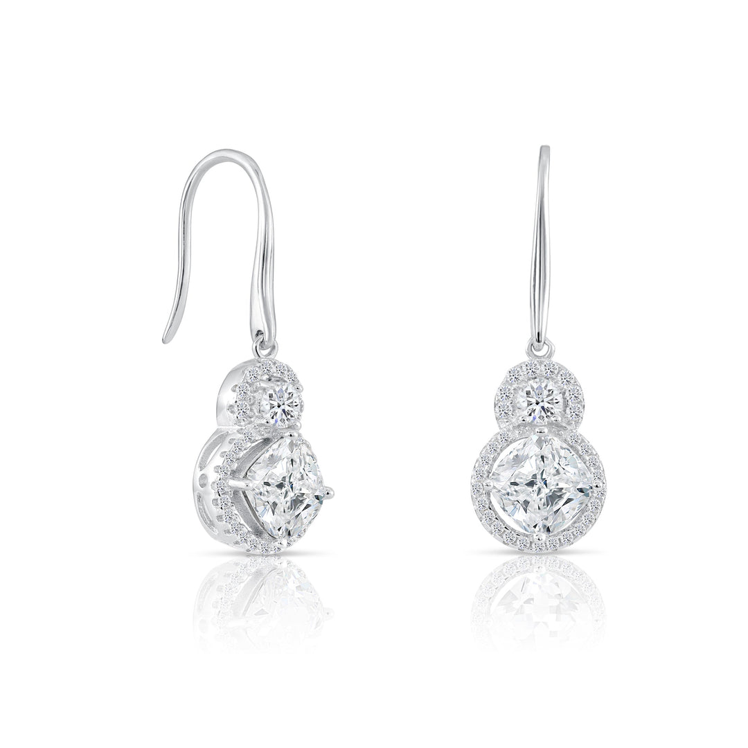 925 Sterling Silver Stacked Halo Cushion Cubic Zirconia Dangle Earrings