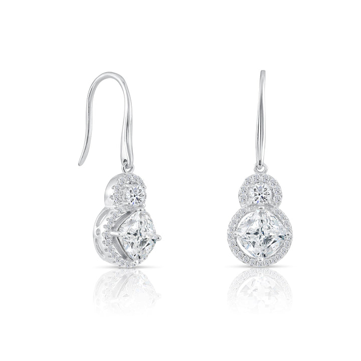 925 Sterling Silver Stacked Halo Cushion Cubic Zirconia Dangle Earrings