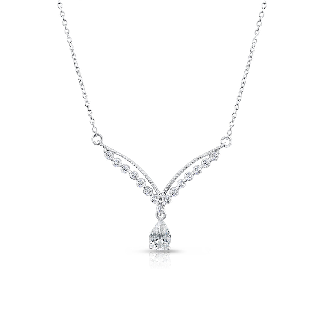 925 Sterling Silver Solitaire Pear V Drop Cubic Zirconia Pendant Necklace