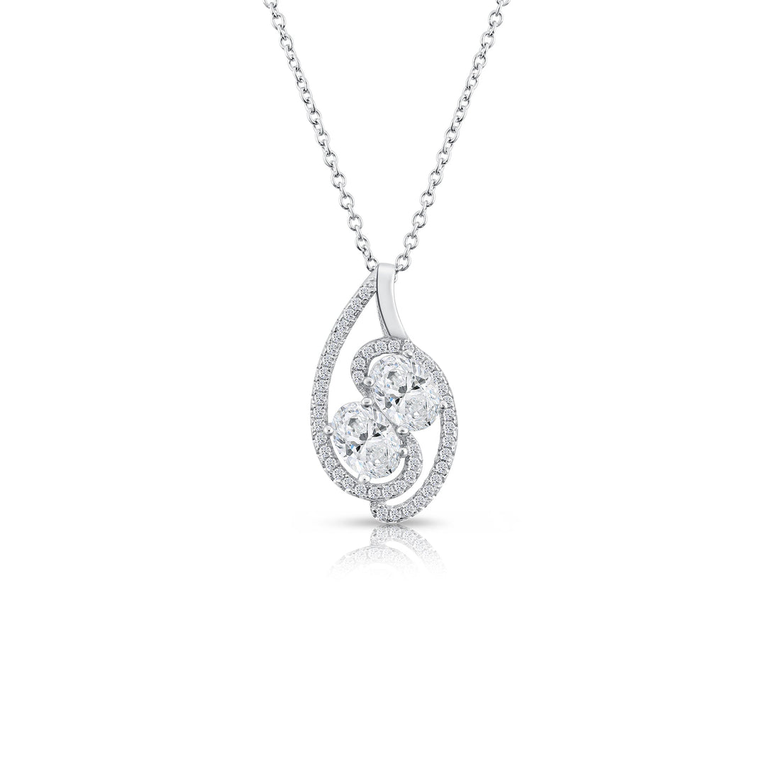 925 Sterling Silver 2 Oval Cubic Zirconia Swirl Pendant Necklace