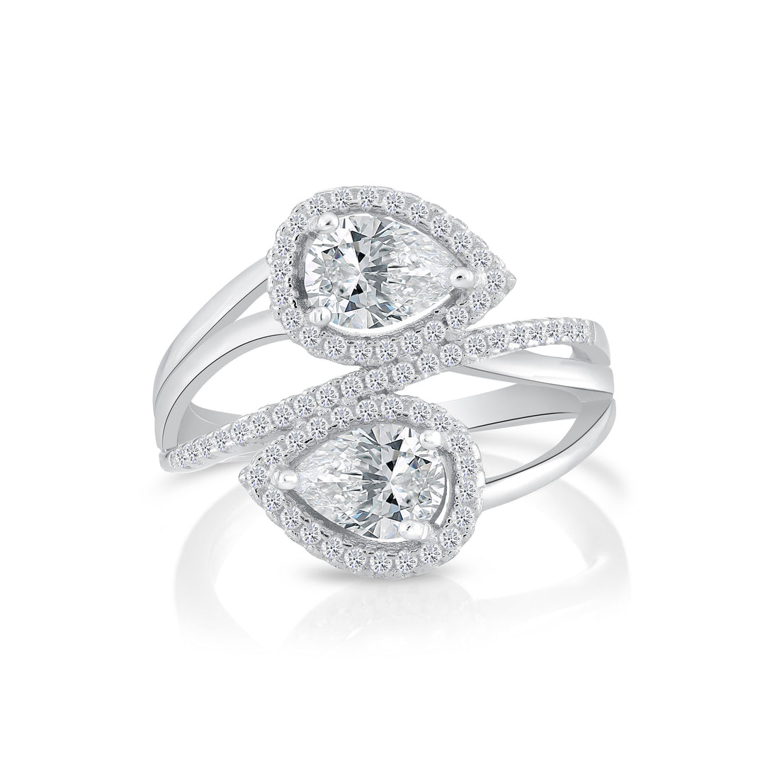 925 Sterling Silver Cubic Zirconia Pear Halo Open Wrap Engagement Ring
