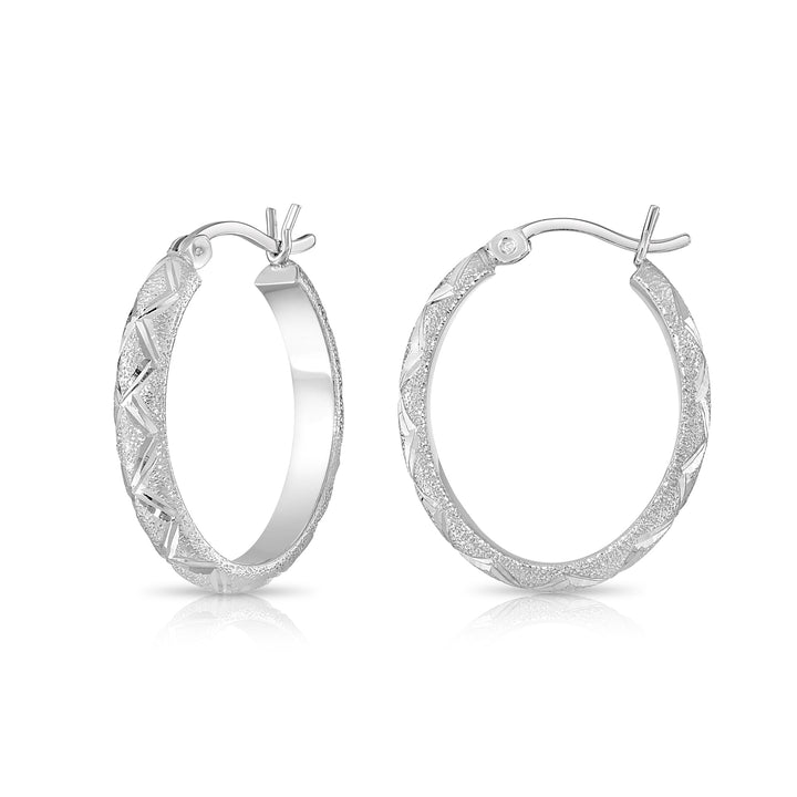 925 Sterling Silver Diamond Cut X Pattern Oval Hoops
