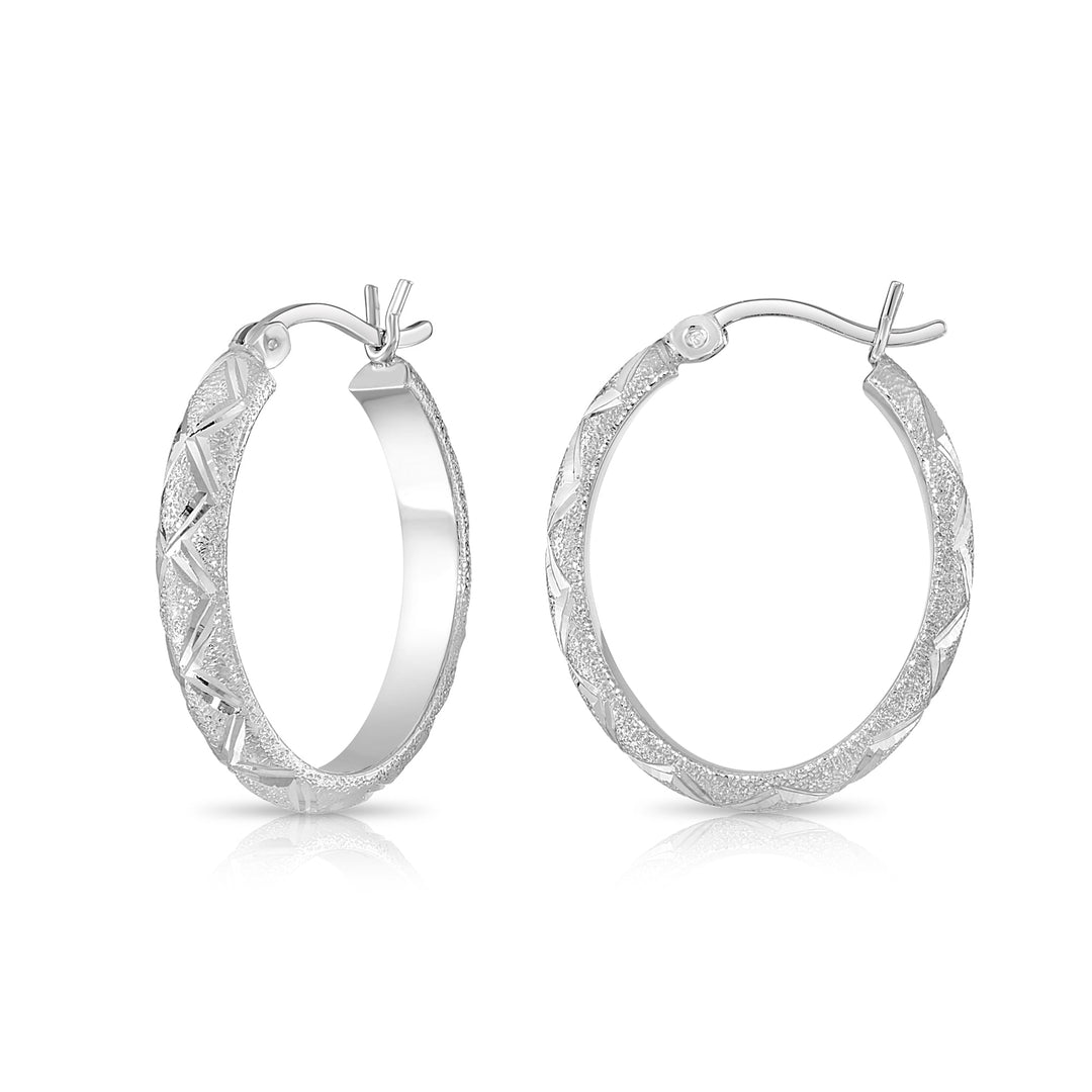 925 Sterling Silver  Diamond Cut X Pattern Oval Hoops