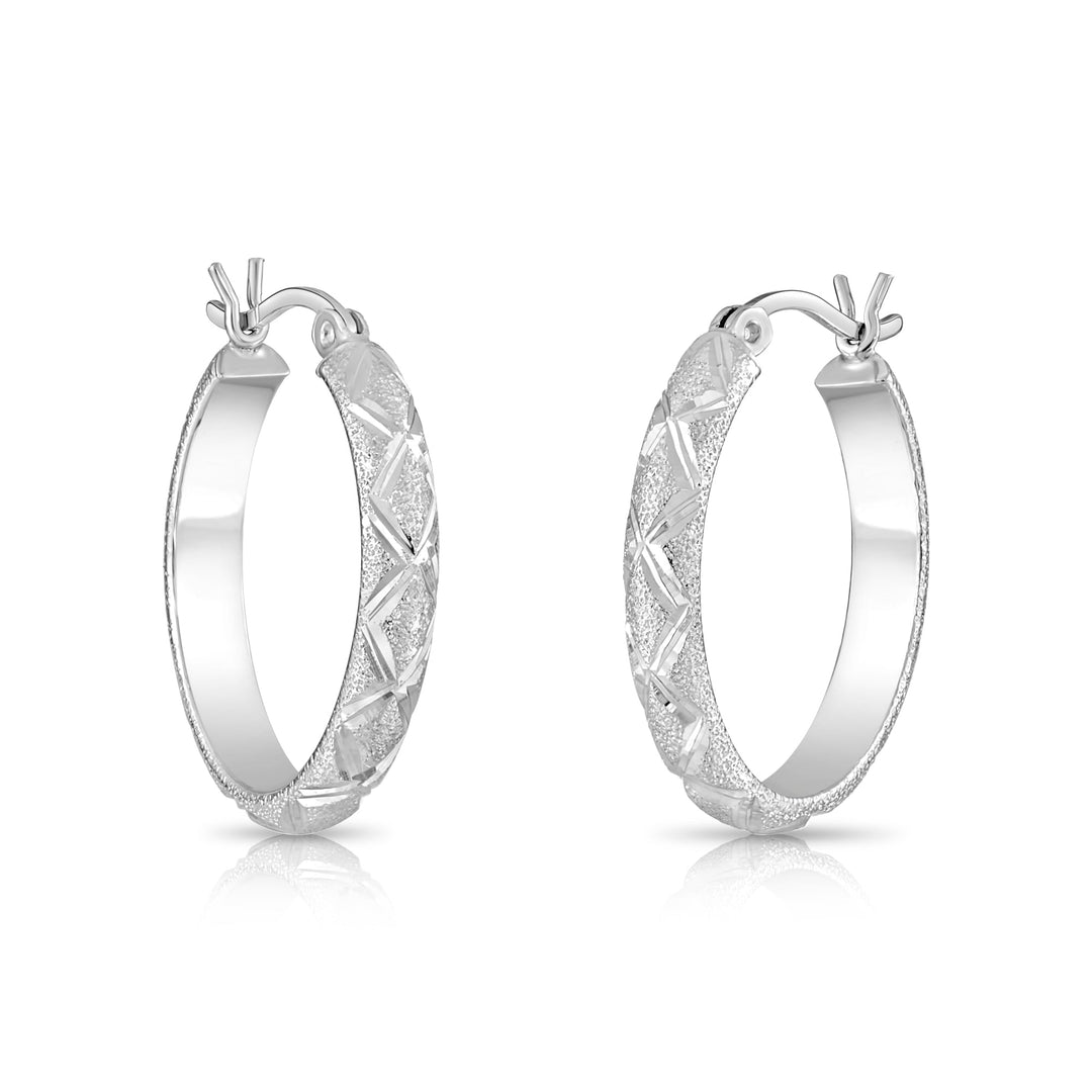 925 Sterling Silver  Diamond Cut X Pattern Oval Hoops