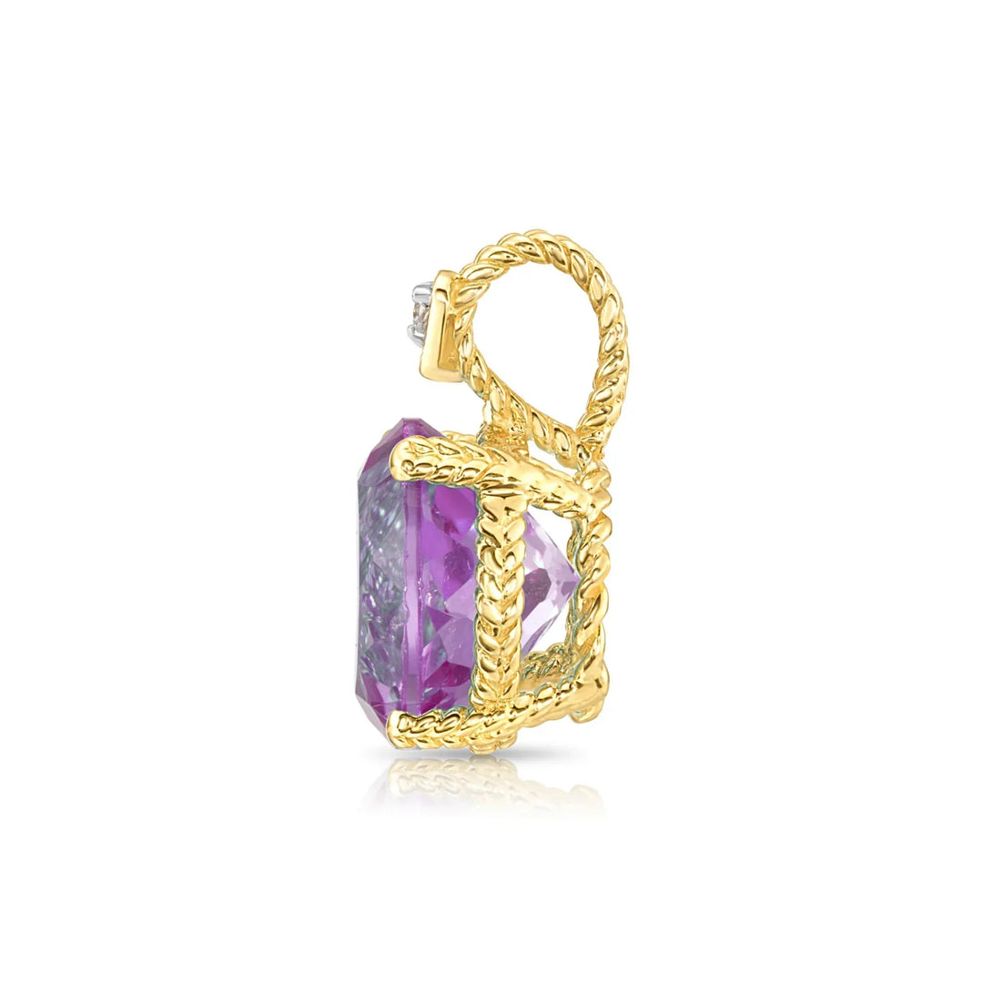 14K Yellow Gold Purple Amethyst Gemstone and Diamond Rope Accent Pendant