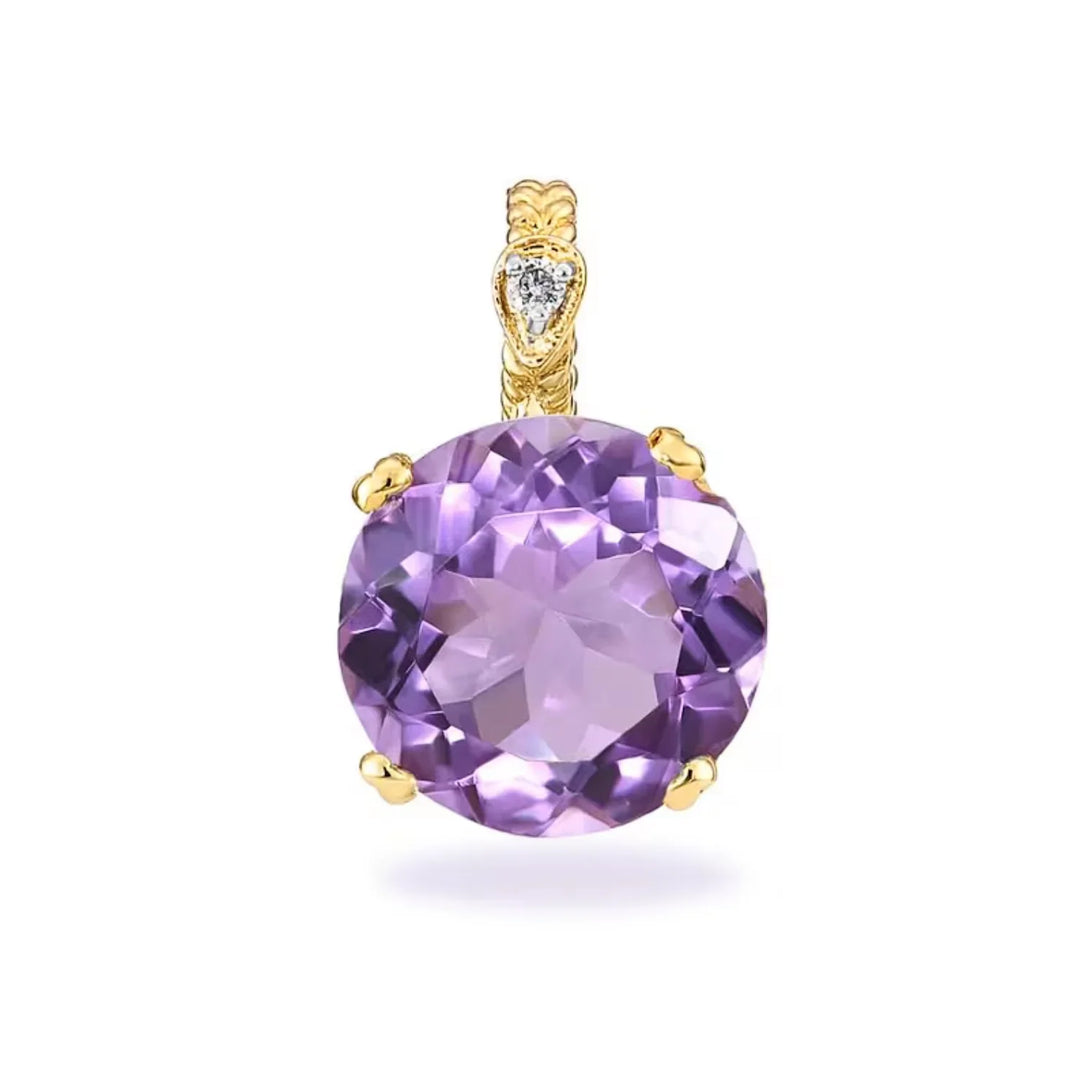 14K Yellow Gold Purple Amethyst Gemstone and Diamond Rope Accent Pendant