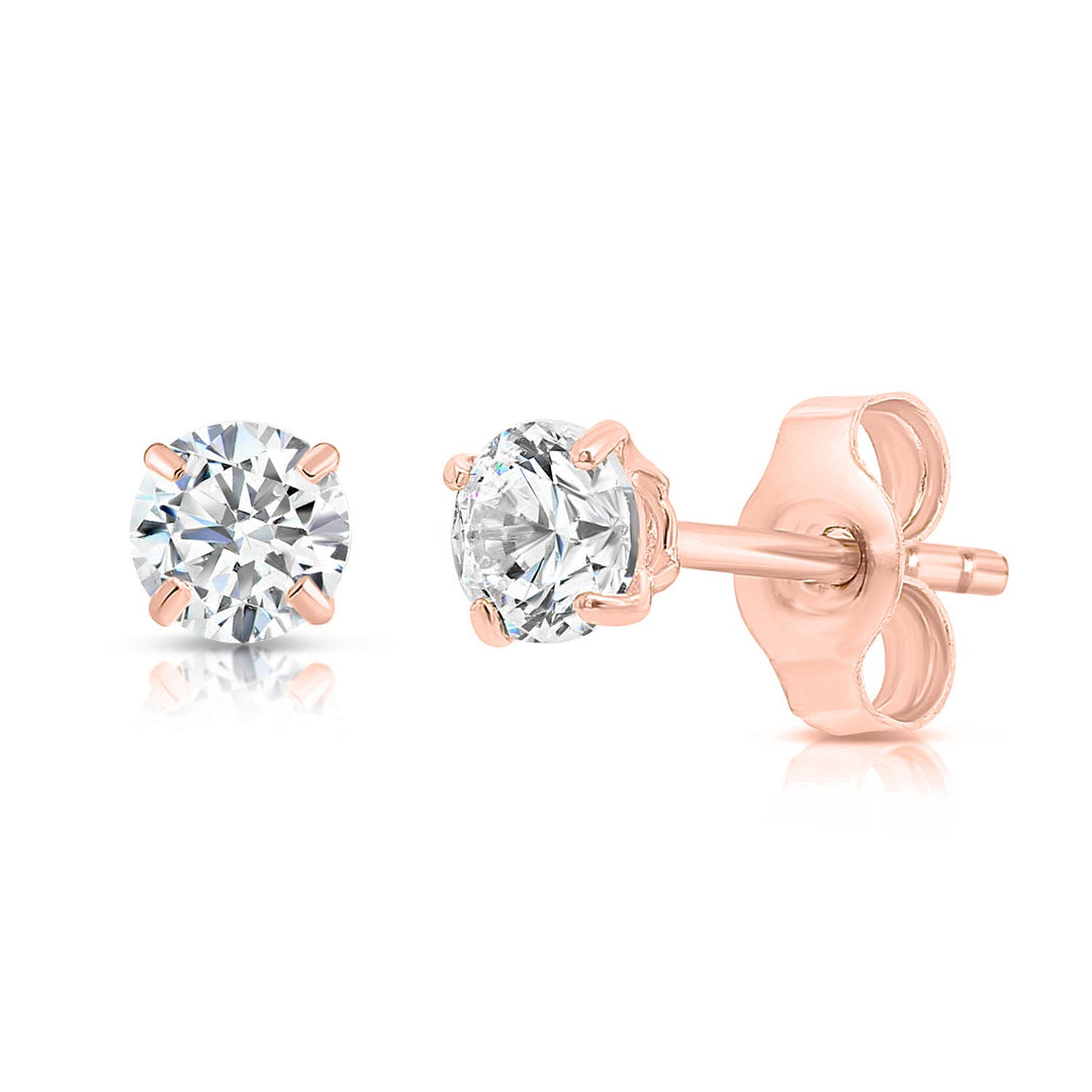 925 Rose Tone Sterling Silver 4 Prong Solitaire Cubic Zirconia Studs - Pushback