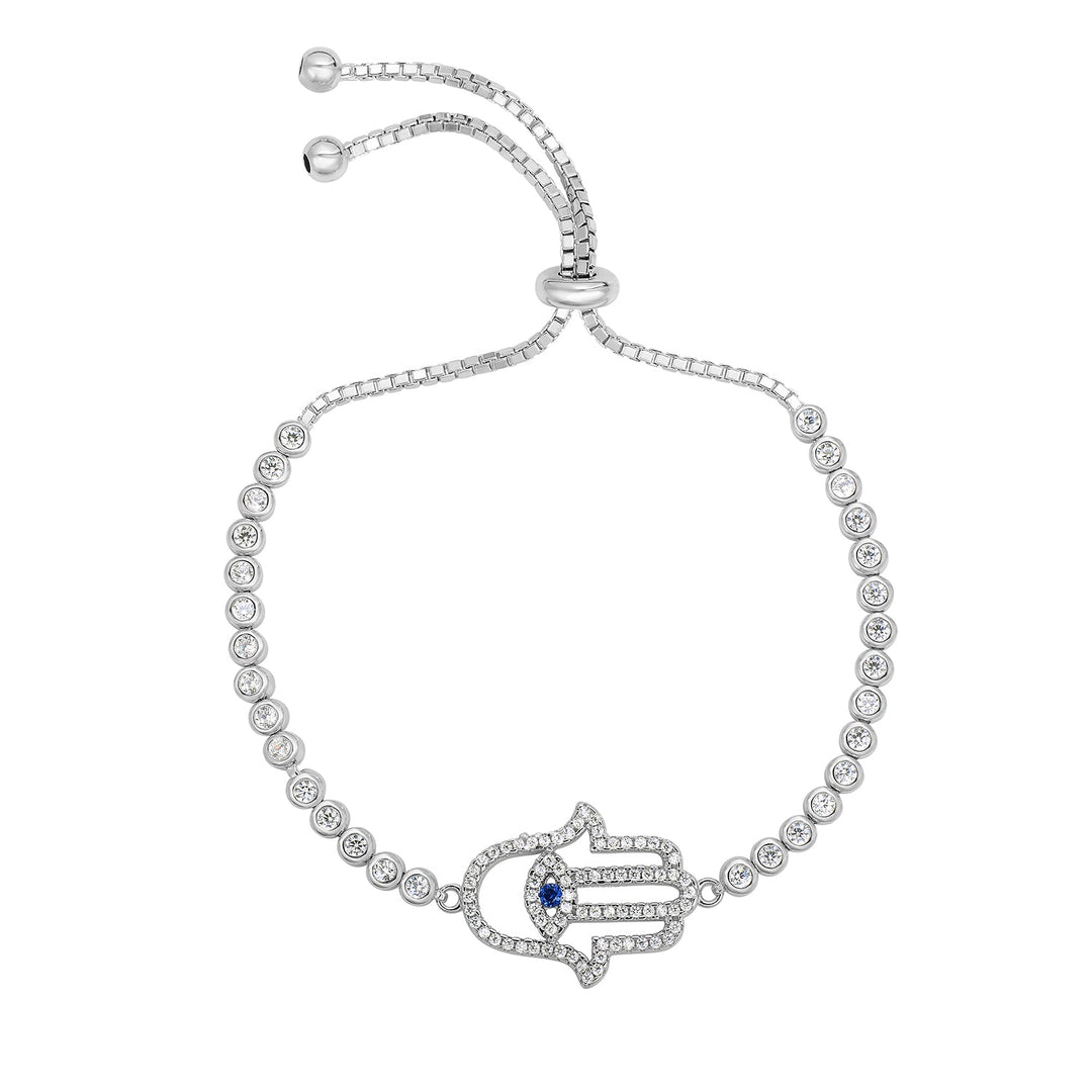 Sterling Silver Cubic Zirconia Adjustable Hamsa Bracelet