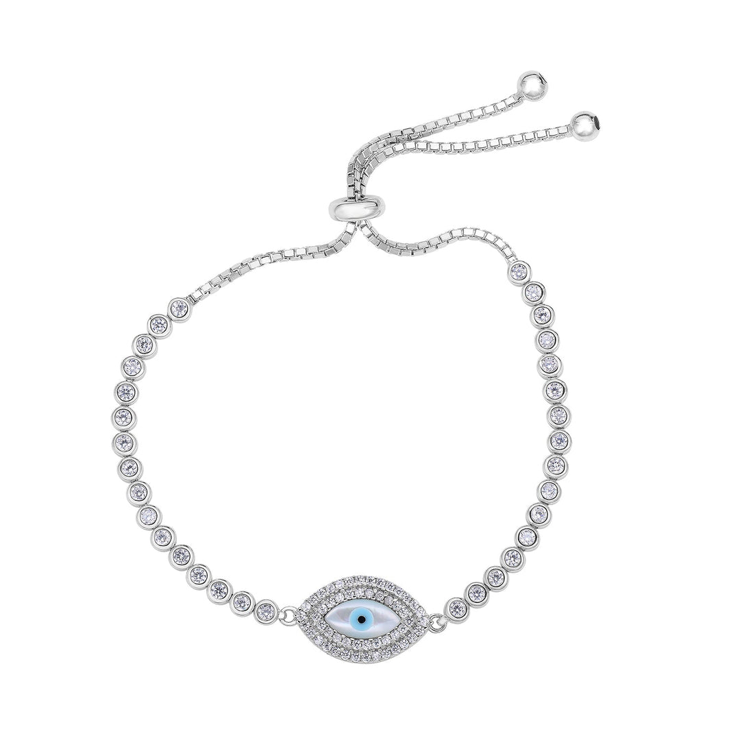 Sterling Silver Evil Eye Cubic Zirconia Bracelet - Adjustable