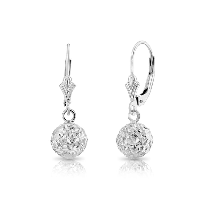 14K Solid White Gold Fancy Diamond-Cut Dangle Ball Lever-back Earrings