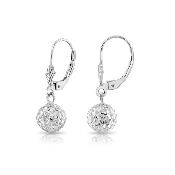 10K Solid White Gold Fancy Diamond-Cut Dangle Ball Lever-back Earrings