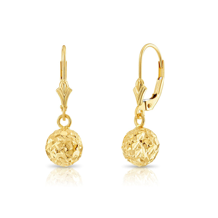 14K Solid Yellow Gold Fancy Diamond-Cut Dangle Ball Lever-back Earrings