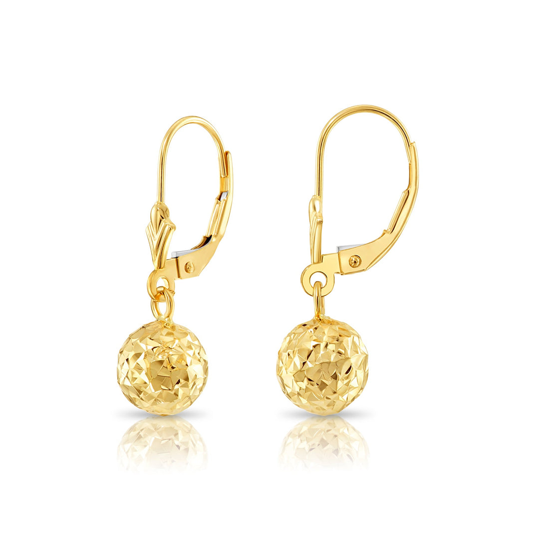 10K Solid Yellow Gold Fancy Diamond-Cut Dangle Ball Lever-back Earrings