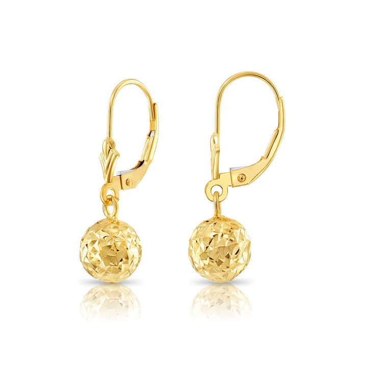 10K Solid Yellow Gold Fancy Diamond-Cut Dangle Ball Lever-back Earrings