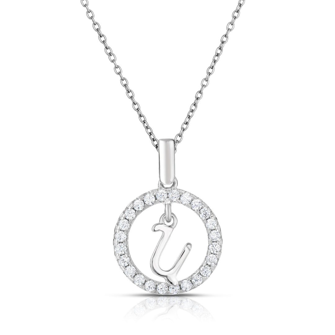 Sterling Silver Cubic Zirconia Round Initial Pendant Necklace
