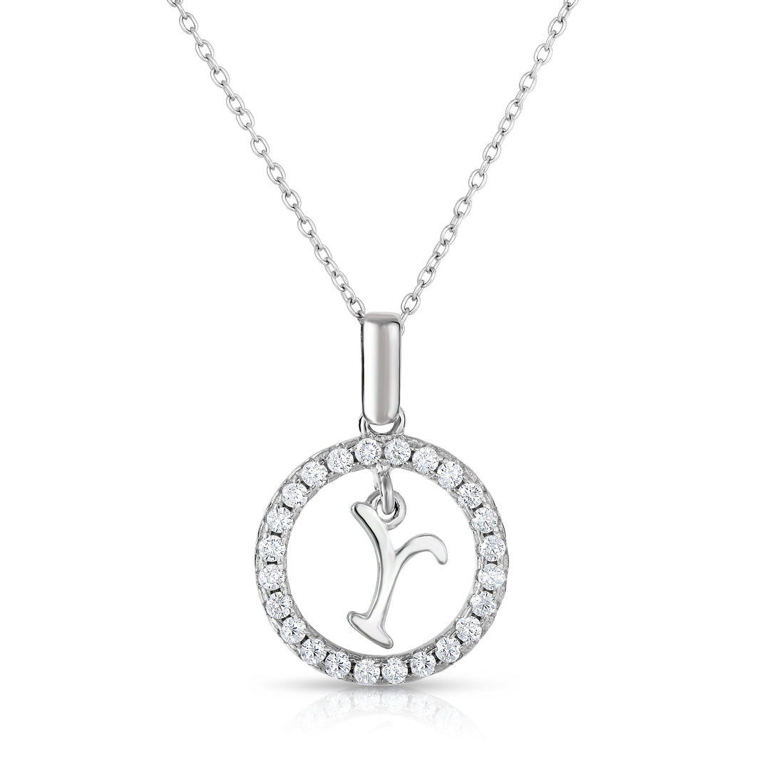 Sterling Silver Cubic Zirconia Round Initial Pendant Necklace