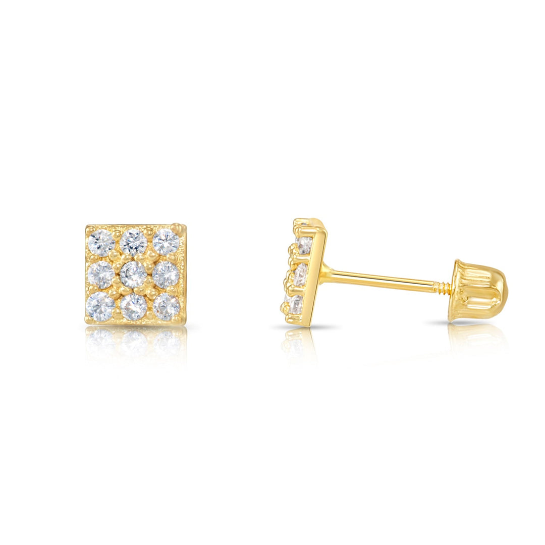 14K Gold Cubic Zirconia Square Stud Earrings, Screwback