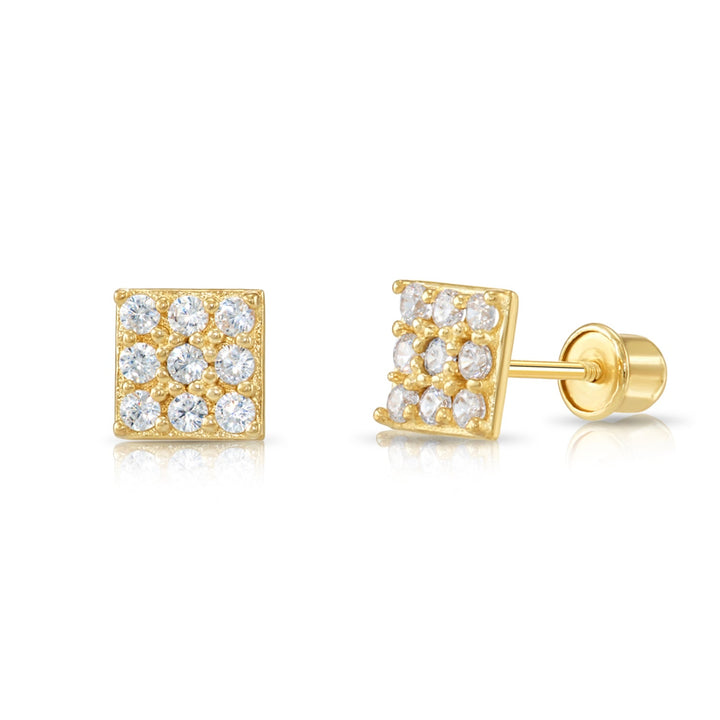 14K Gold Cubic Zirconia Square Stud Earrings, Screwback