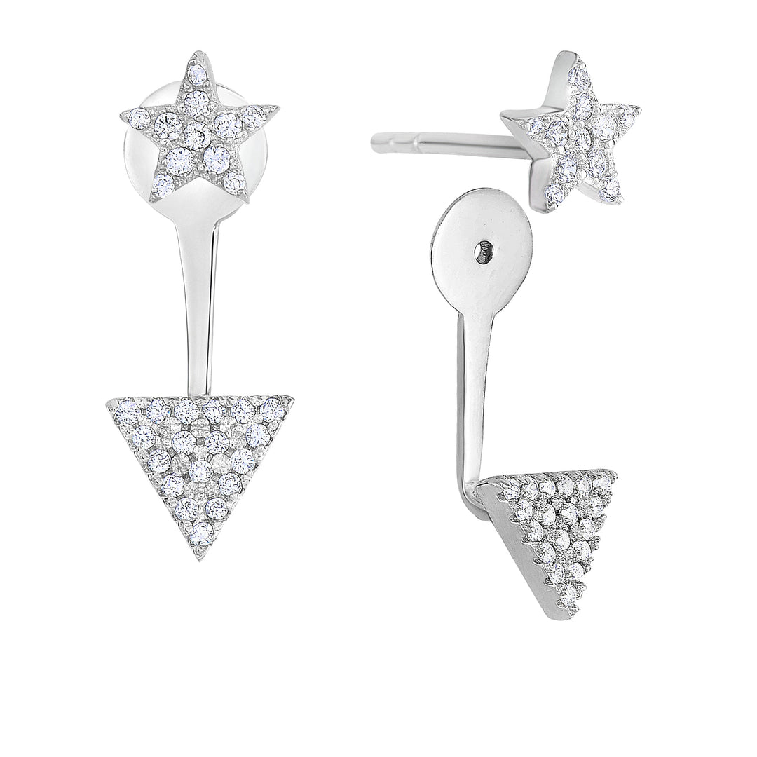 Sterling Silver Cubic Zirconia 2 in 1 Triangle and Star Drop Earrings
