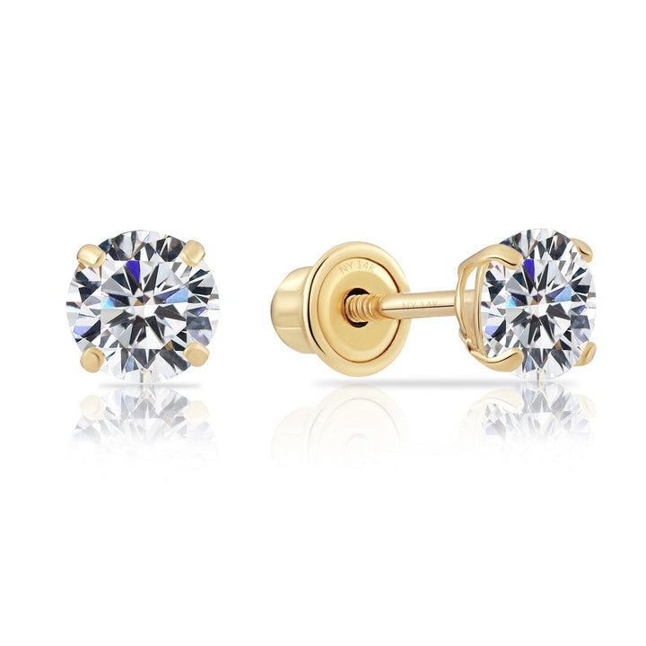 14k Yellow Gold Round Solitaire Cubic Zirconia Stud Earrings - Screwback