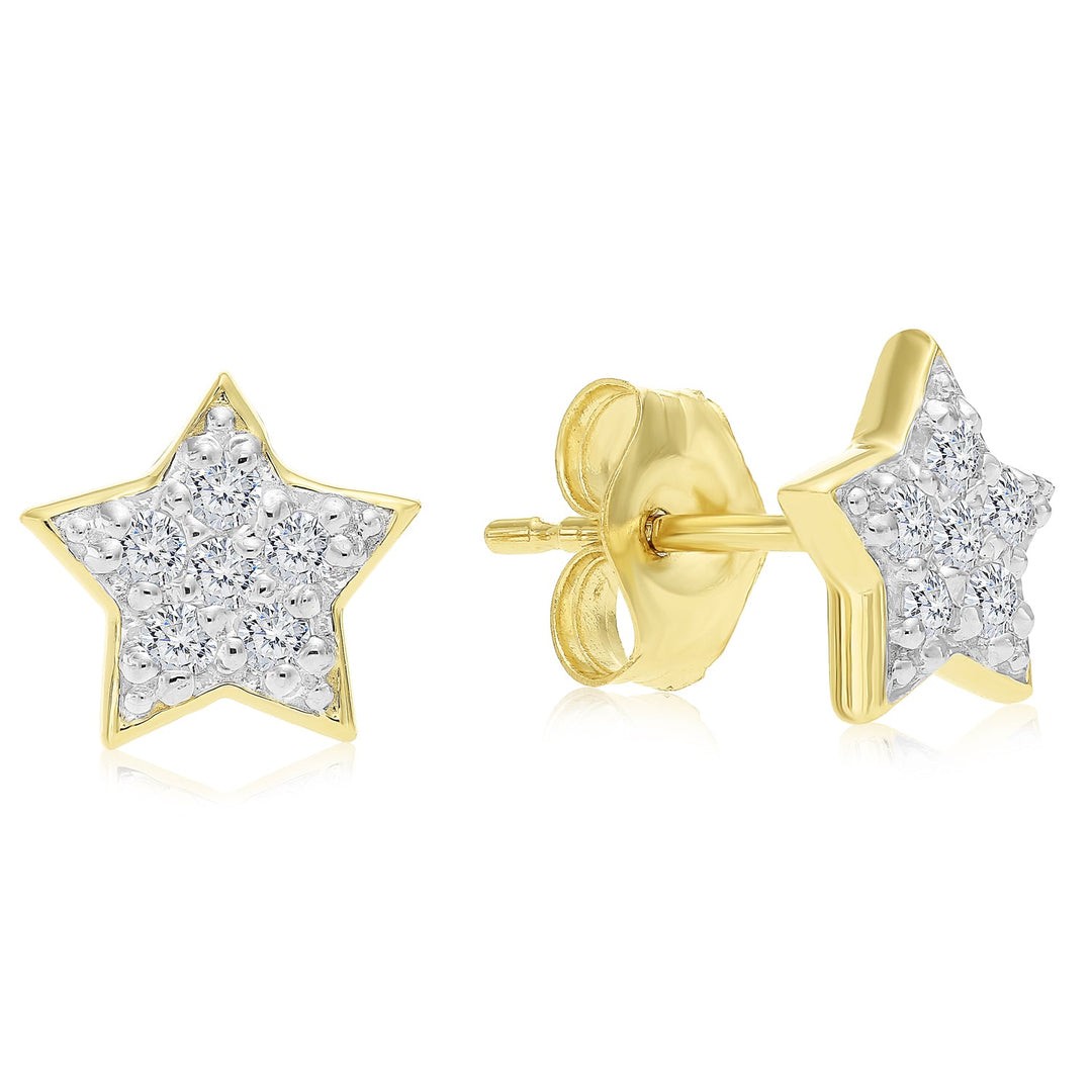 14K Solid Gold Star Shape Natural  Diamond Stud Earring