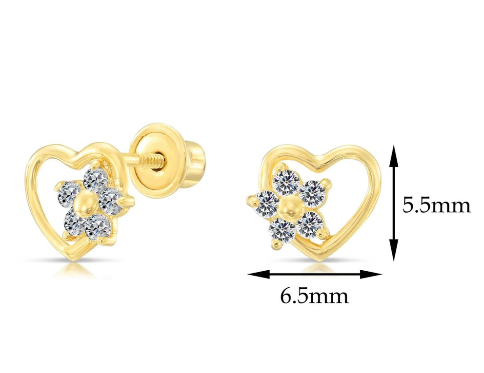 10k Yellow Gold Cubic Zirconia Heart & Flower Stud Earring