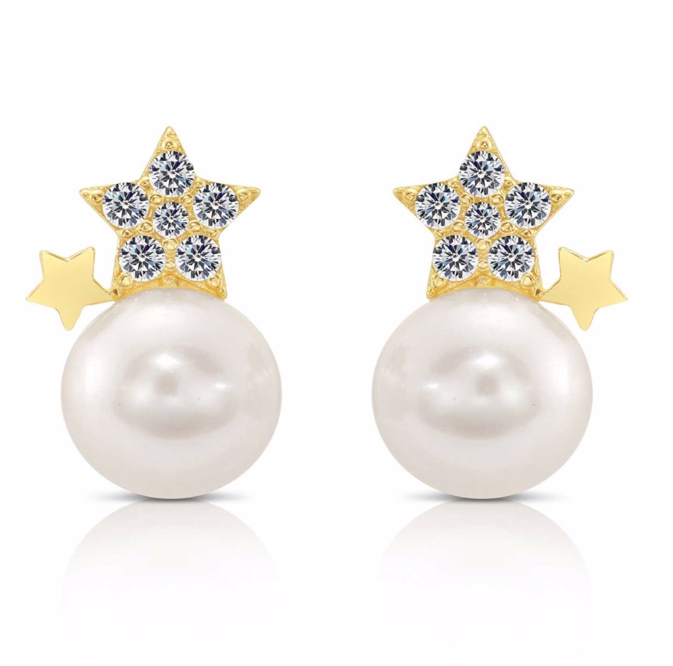 10k Yellow Gold Cubic Zirconia Star Studs with Freshwater Pearl Earrings