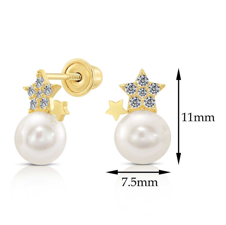 10k Yellow Gold Cubic Zirconia Star Studs with Freshwater Pearl Earrings